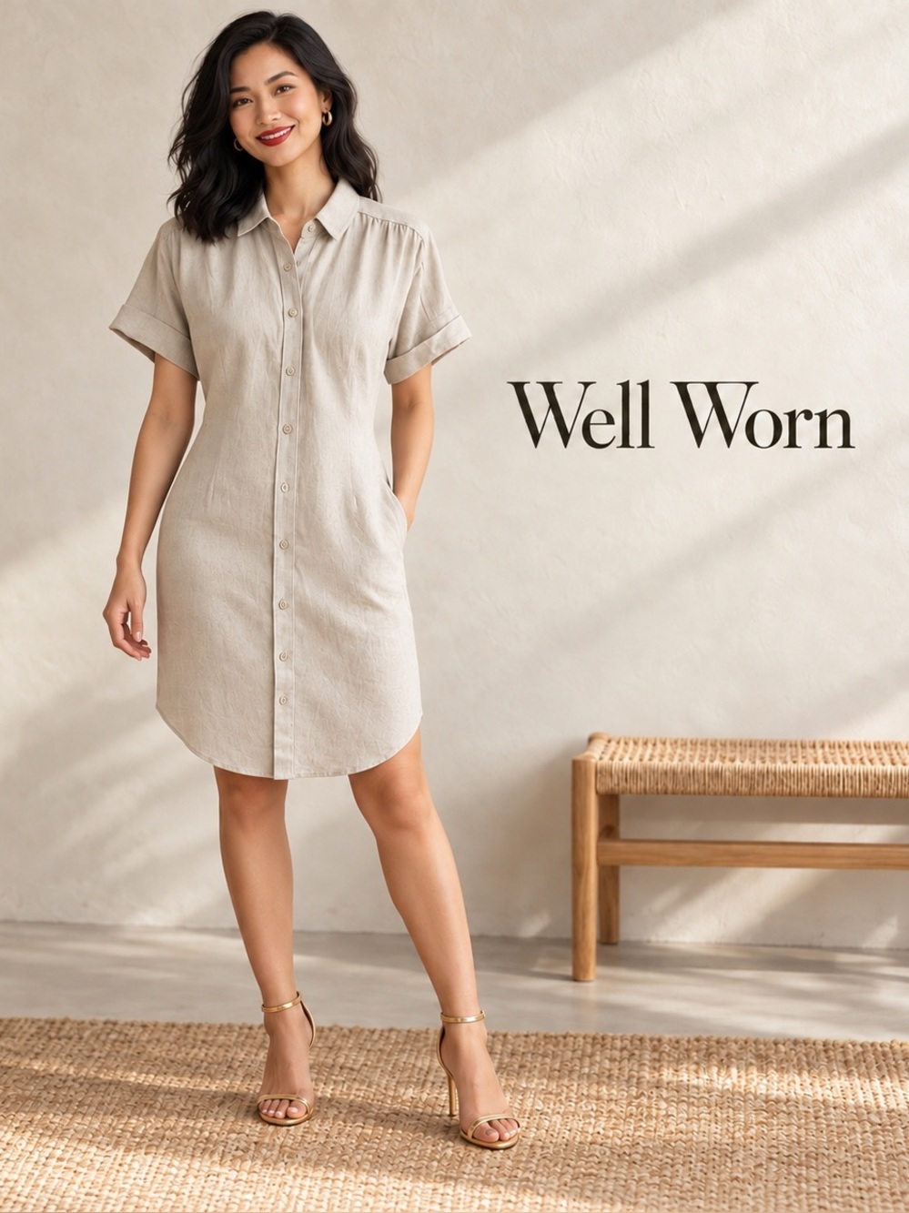 🌸Well Worn Linen Blend Shirt Dress in Beige size S Coastal Minimalist Resort